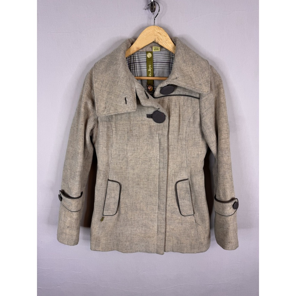 Soia & Kyo Oatmeal Wool Blend Oversized Collar Pea Coat Jacket Grey Small